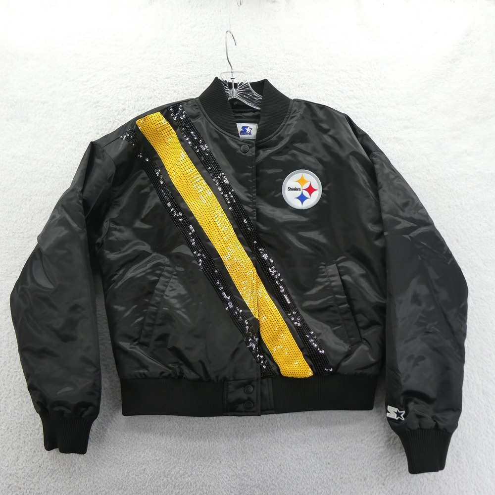 Starter Jacket Womens Medium Pittsburgh Steelers Black Sequin Satin Bomber‎ Y2K